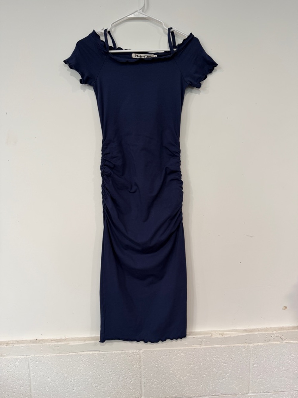 Michael Stars off the shoulder Navy Ruched Midi Dress